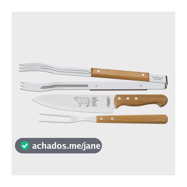 Jogo Para Churrasco Com Lâminas Em Aço Inox E Cabos De Madeira Natural 3 Peças Tramontina