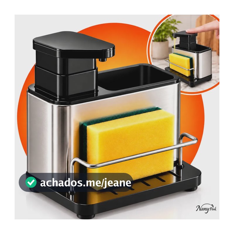 Dispenser Porta Detergente 3 em 1 em Aço Inox com Porta Esponja e Utensílios Organizador de Pia para Cozinha e Sabão Líquido - Nany Pink