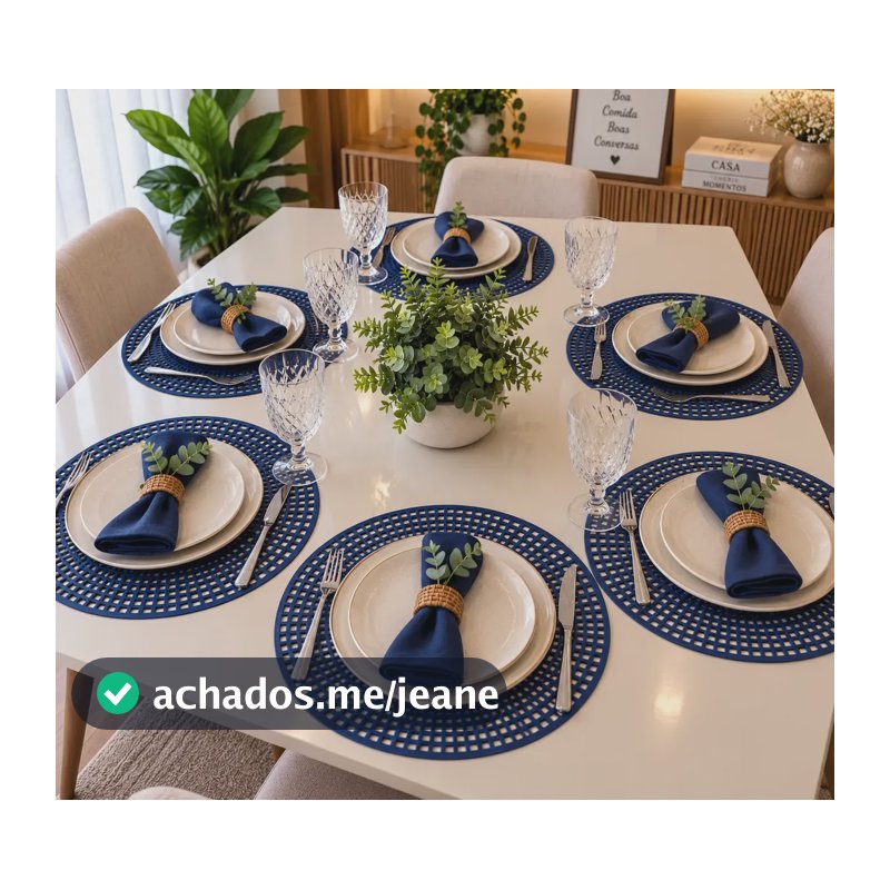 Jogo Americano Redondo 6 Peça Mesa Posta Cozinha 38 Sousplat Azul Liso Vazado
