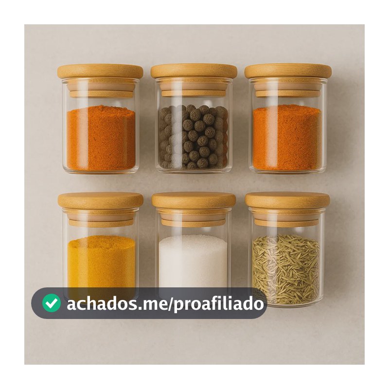 Kit 6 Potes Vidro Hermetico Com Tampa Bambu Redondo 200ml Cereais Alimentos Tempero Mantimentos Muug