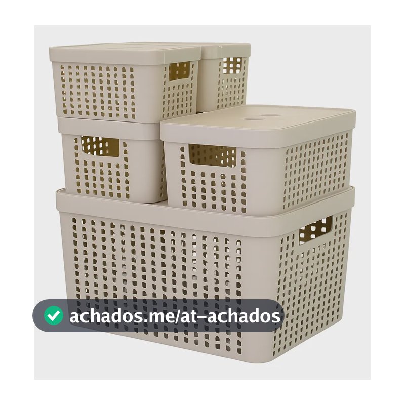 Kit 5 Caixas Organizadoras 2l 4,5l 17l Com Tampa Multiuso Cor Bege