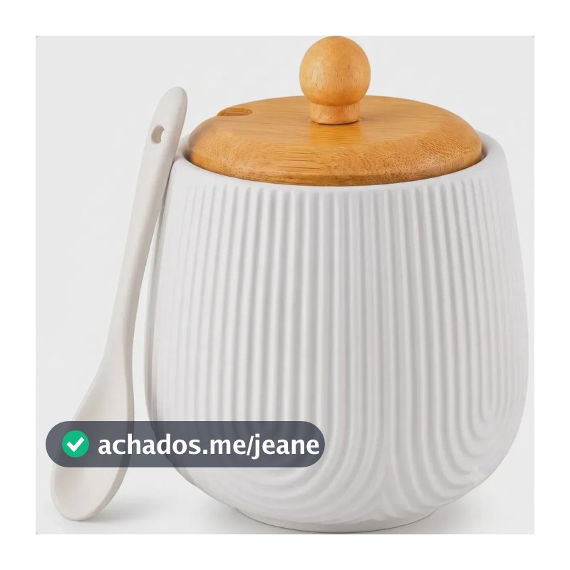 Açucareiro de Cerâmica com Tampa de Bambu e Colher Oasis Branco Ex Decor