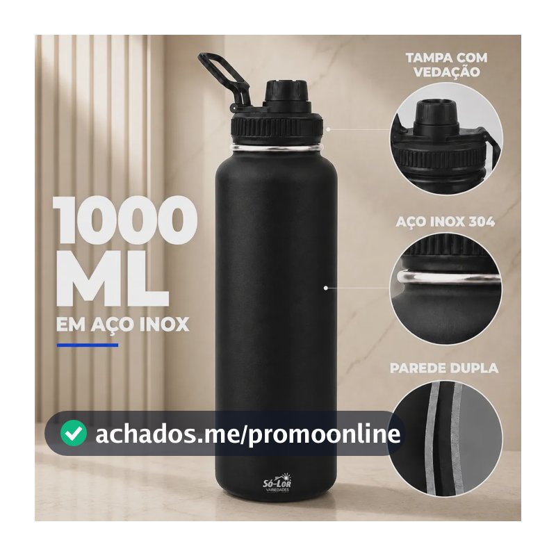 1000ml Garrafa Térmica Isolada A Vácuo Squeeze Aço Inox 304 para Água Gelada Esporte Academia com Alça e Bico Preto Sólar