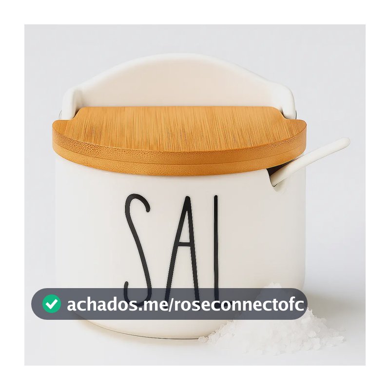 Saleiro Porcelana Luxo Com Tampa Bambu E Colher De Mesa Branco