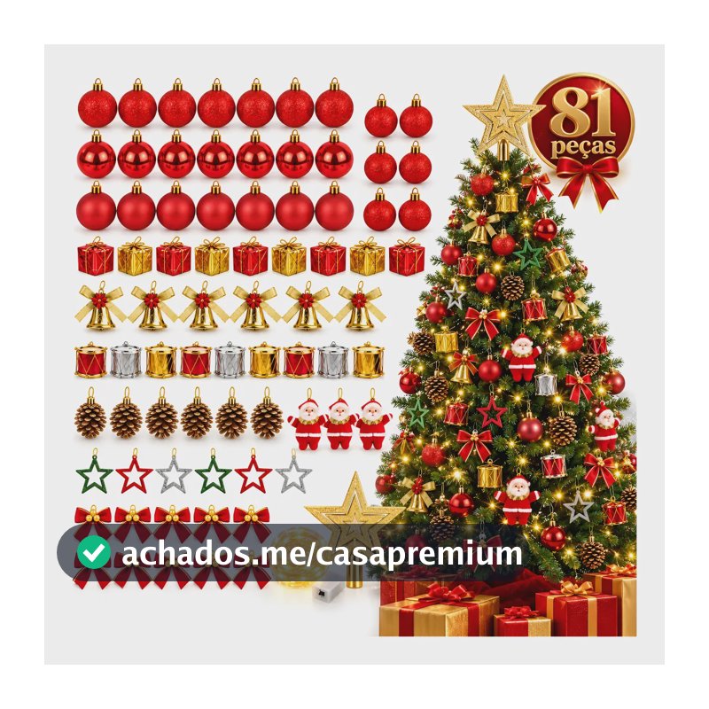 Kit 81 Enfeite Pendente Natal Decoração Árvore Natalina Luxo Bolinhas Vermelhas