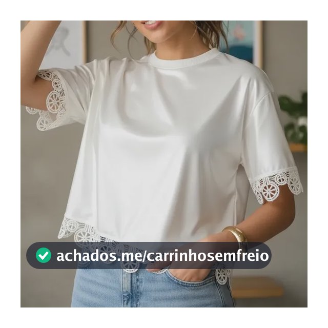 Blusa Camiseta Feminina Cetim Com Renda Guipir Manga Curta Branco Gg