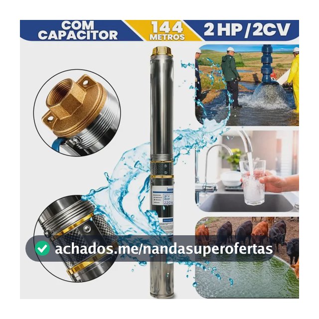 Bomba Submersa Caneta Palito 2cv 2hp Monofásico Poço Artesiano 144 Altura Cisterna Submersível Aço 3200lh Sítio Chácara Fazenda Rancho