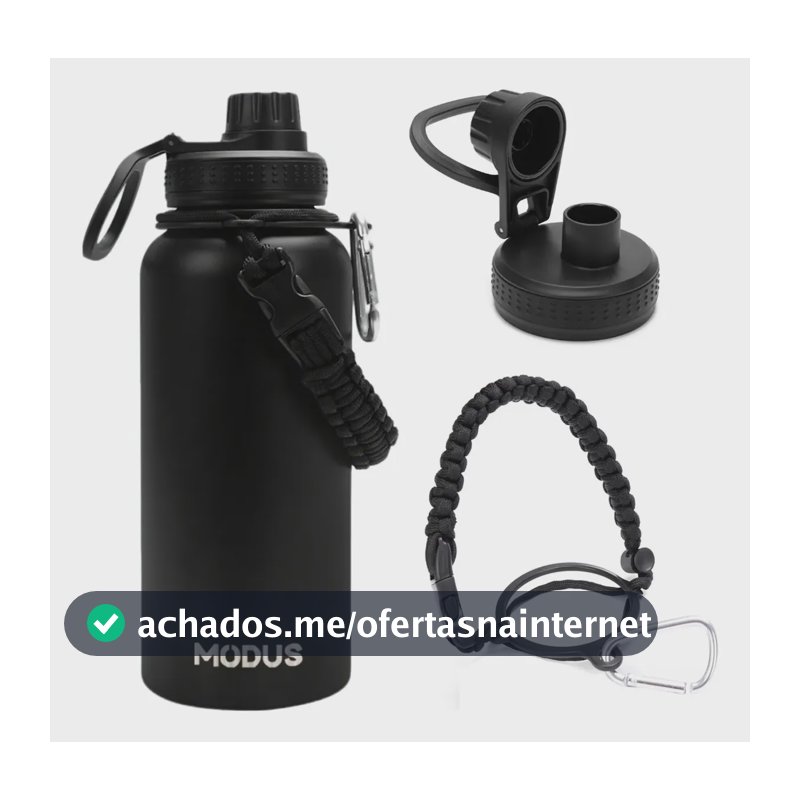 Garrafa Térmica 1000ml Aço Inox 304 Gelo 18h Quente 12h Com Alça Paracord Cor Preta-j252