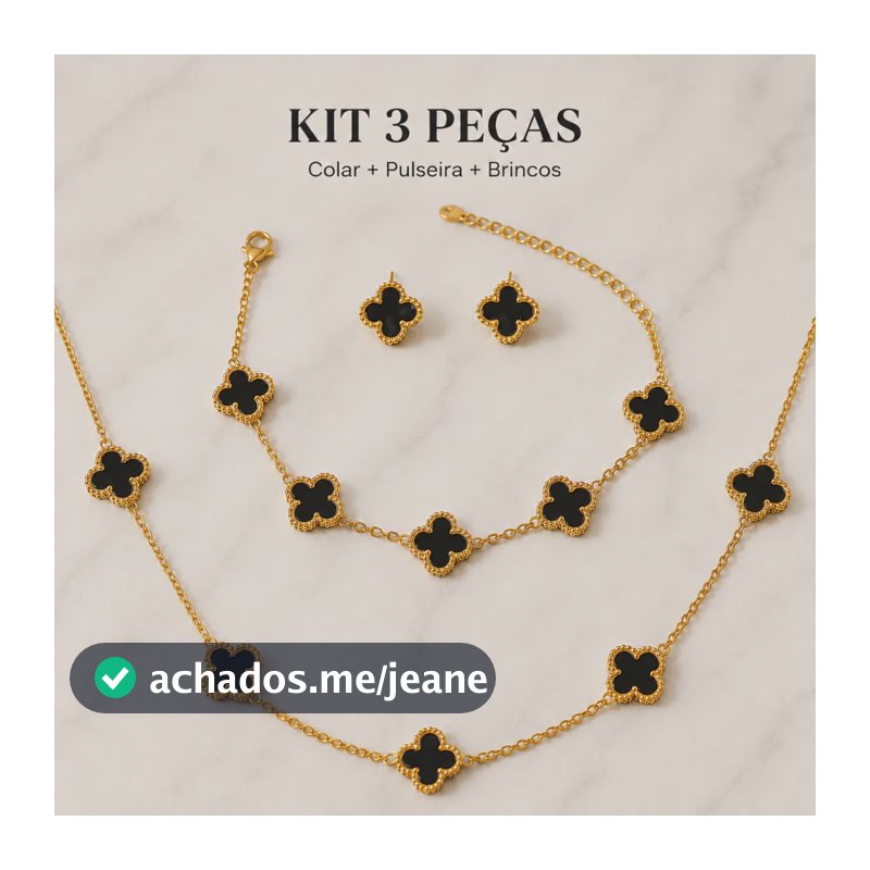 Kit Colar Choker Pulseira E Brinco Trevo Preto Aço Inox
