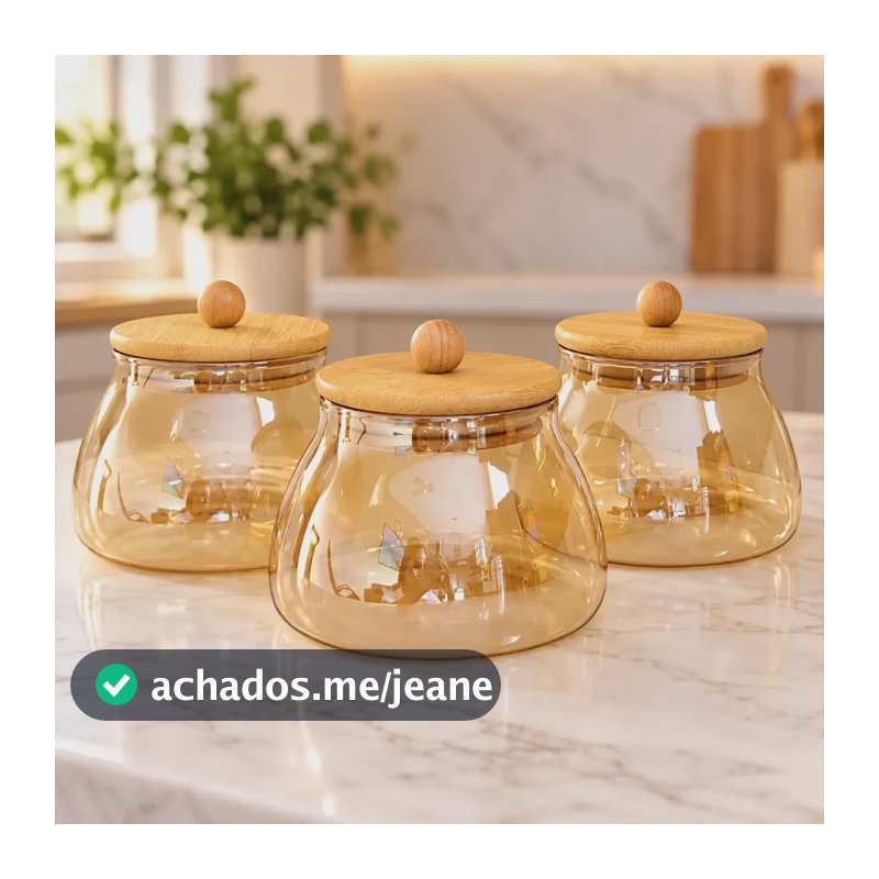 Kit De 3 Porta Mantimentos Potes Herméticos P Tampa De Bambu Bolinha Âmbar P