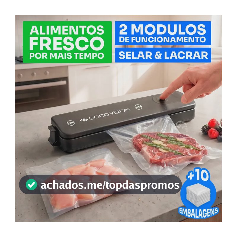Seladora A Vácuo Para Alimentos Portátil Domestica Com 10 Sacos Digital 20cm Desligamento Automático Potencia 90w Bivolt Cor Preta - Good Vision