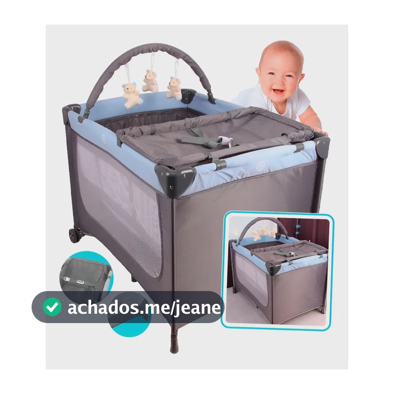 Berço Portatil Caminha Chiqueirinho Compacto Baby Azul Rosa Desenho Do Tecido Cinza
