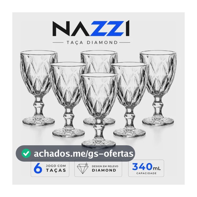 Jogo Kit 6 Taças De Vidro 340ml Diamond Luxo Moderno Transparente