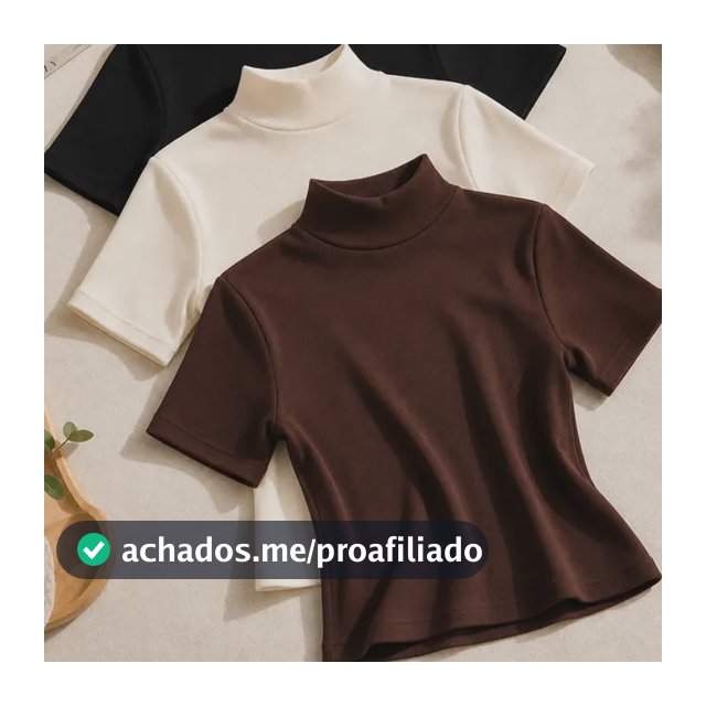 Kit 3 Blusas Gola Alta Feminino Manga Curta Básica Casual Preto/marrom/off-white Lisa Único: 36 A 42