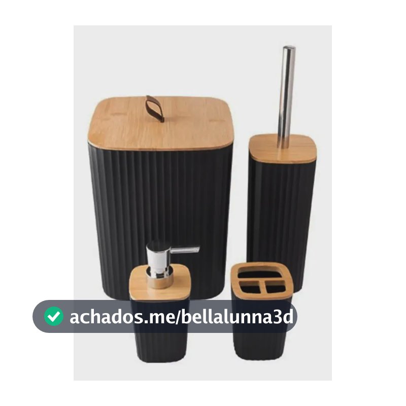Kit Banheiro Preto 4 Peças Acessórios para Banheiro e Lavabo com Lixeira com Tampa Dispenser de Sabonete Líquido Porta Escova de Dentes e Escova Sanitária Plástico e Bambu Shokki