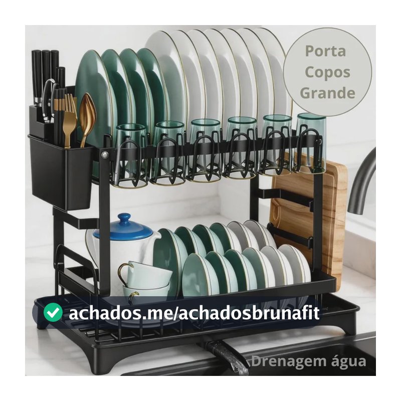 Escorredor de Louças 2 Andares Zelvi Aço Carbono Preto para Pratos Copos Talheres Organizador Pia Cozinha