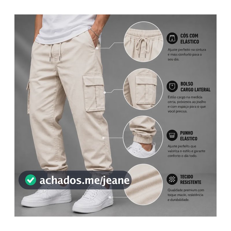 Calça Jogger Cargo Masculina Sarja Streetwear Com Punho Bege Sarja Gg