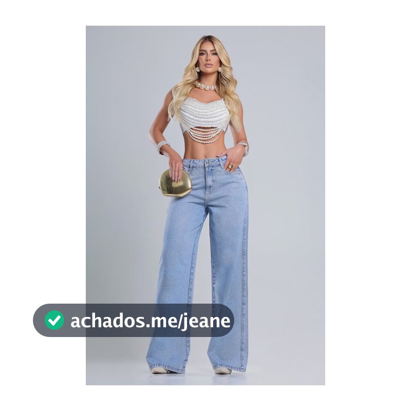 Calça Jeans Wide Leg Reta Com Brilhos 100% Algodão Premium Azul-claro Lisa 38
