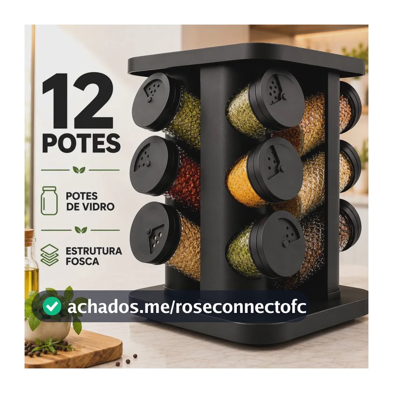 Porta Temperos Condimentos 12 Unidades Potes Vidro Base Giratória Preto Organizador Cozinha Dosador Sólar