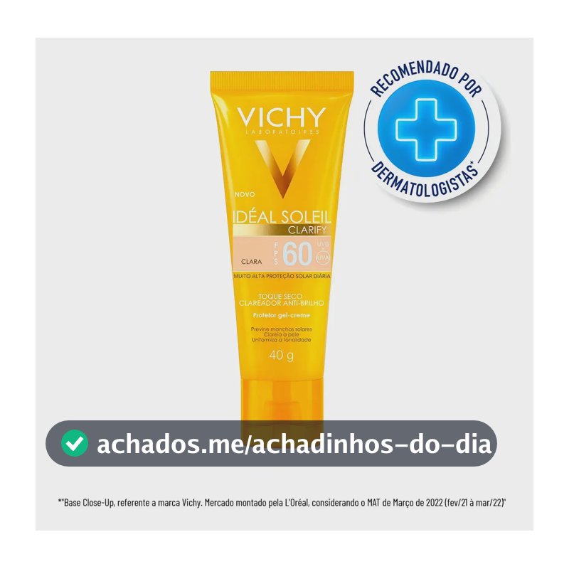Protetor Solar Facial com Base FPS 60, Ação Clareadora Antibrilho, Previne Manchas Solares, Efeito Matte Toque Seco, Cor Clara, Clarify Capital Soleil Vichy 40g