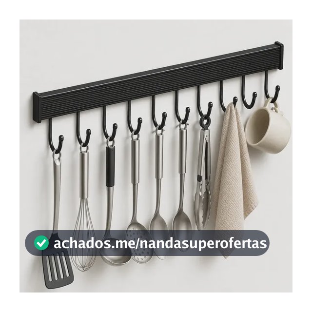 Suporte De Pendurar Cozinha Porta Talheres Utensílios Parede Adesivo Plus 60cm Grande Com 12 Ganchos Preto Marca Multi9dad3s
