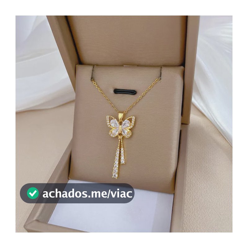 Colar Feminino Inox Borboleta Zircônias Banhado A Ouro 18k Dourado