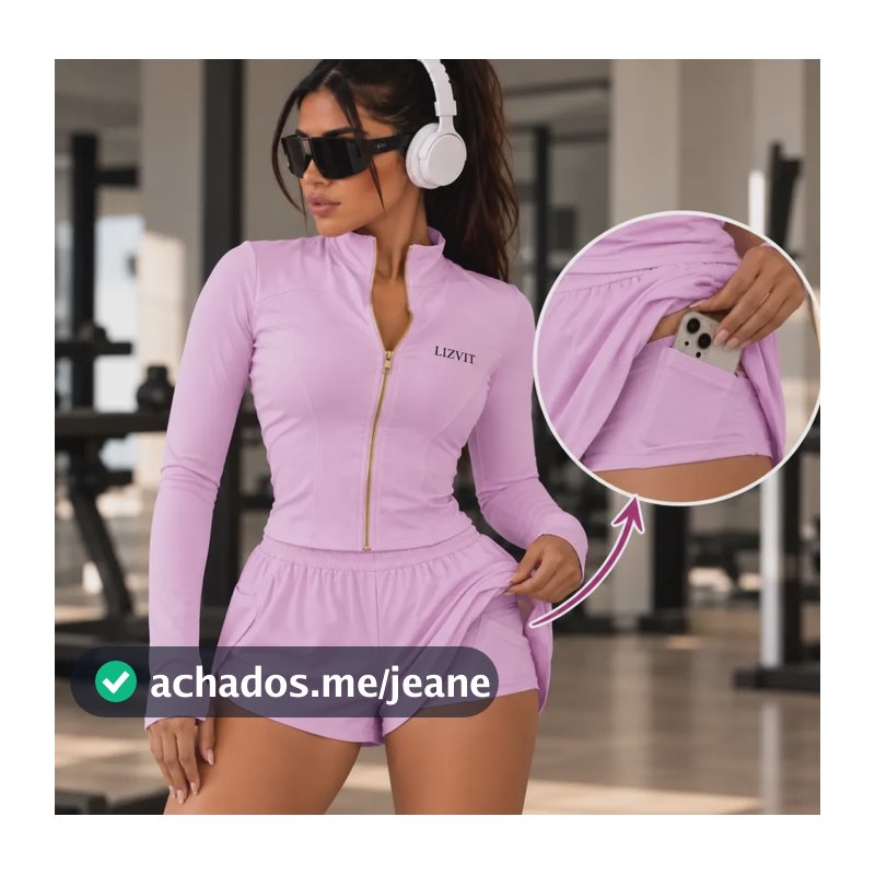 Conjunto Feminino Fitness Lizvit Jaqueta E Short Poliamida Rosa Lisa G