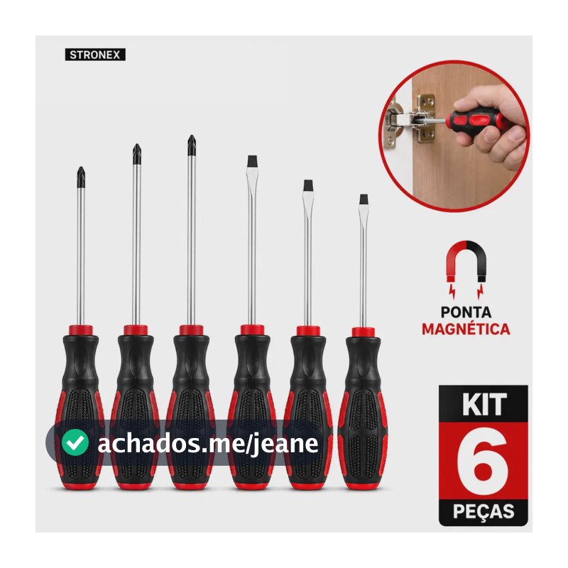 KIT CHAVE DE FENDA JOGO COM 6 CHAVES PEÇAS PHILLIPS MAGNÉTICA IMANTADA COM IMÃ PARA PARAFUSO CABO EMBORRACHADO AÇO CARBONO STRONEX