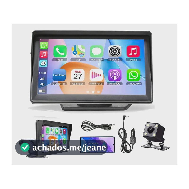 Central Multimídia Portátil 7" CarPlay Android Auto Tela HD Câmera Ré AHD 170° Anti-Roubo Saída FM Universal Para Carro