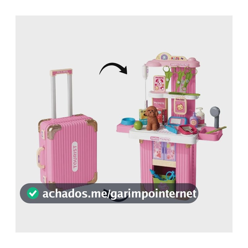 Brinquedo Pet Shop Veterinário Mala Viagem Bancada com Rodinhas 35 peças Menina Maxi Toys