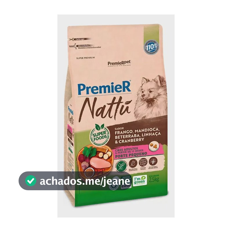 Racao Premier Super Premium Nattu Para Cão Adulto raçcas pequenas 2,5kg