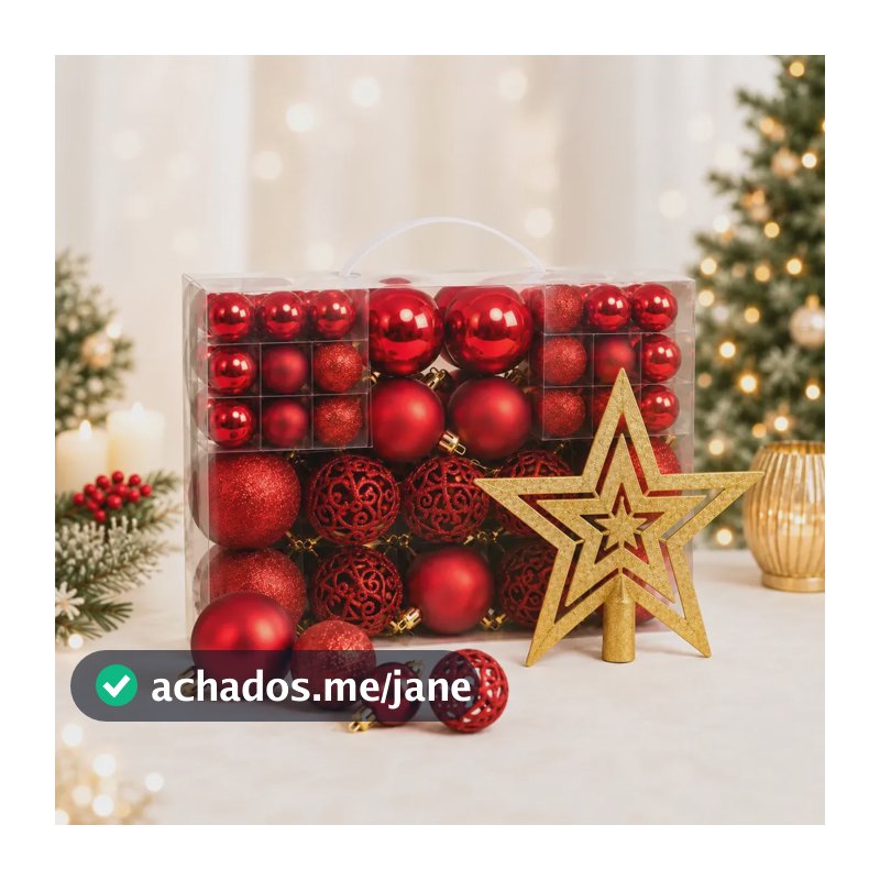 Kit Maleta 50 Bolas Pendentes + Estrela Ponteira Para Árvore De Natal Decoração Natalina Premium - Vermelha