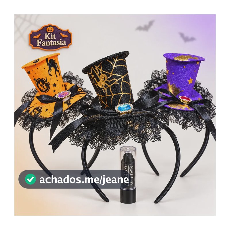 Kit Tiara Chapéu Bruxa Halloween Com Batom Preto Fantasia Aleatória