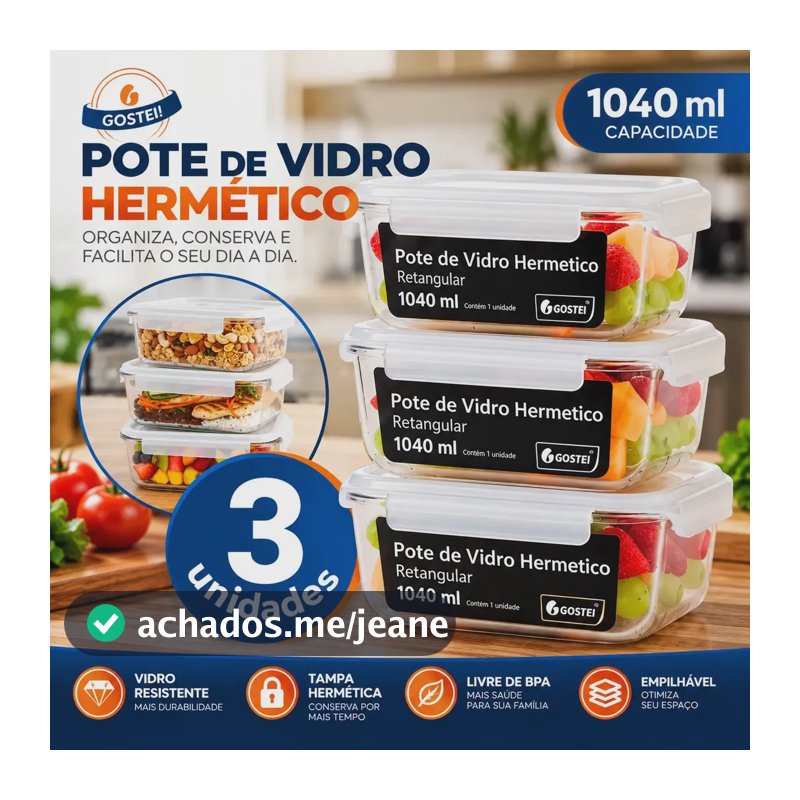 Kit 3 Potes De Vidro Hermetíco 1040ml Marmita Forno Refratário Gostei!