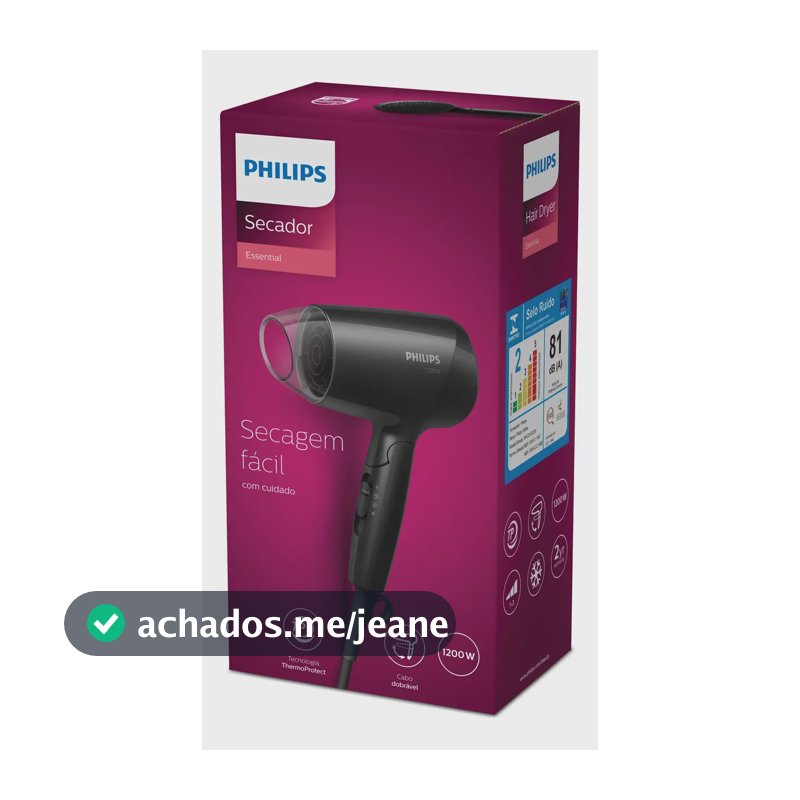 Philips Secador de Cabelo Essential 1200W Compacto com ThermoProtect Secagem prática e suave | Cabo dobrável para viagem | 3 ajustes de secagem | BHC010/81