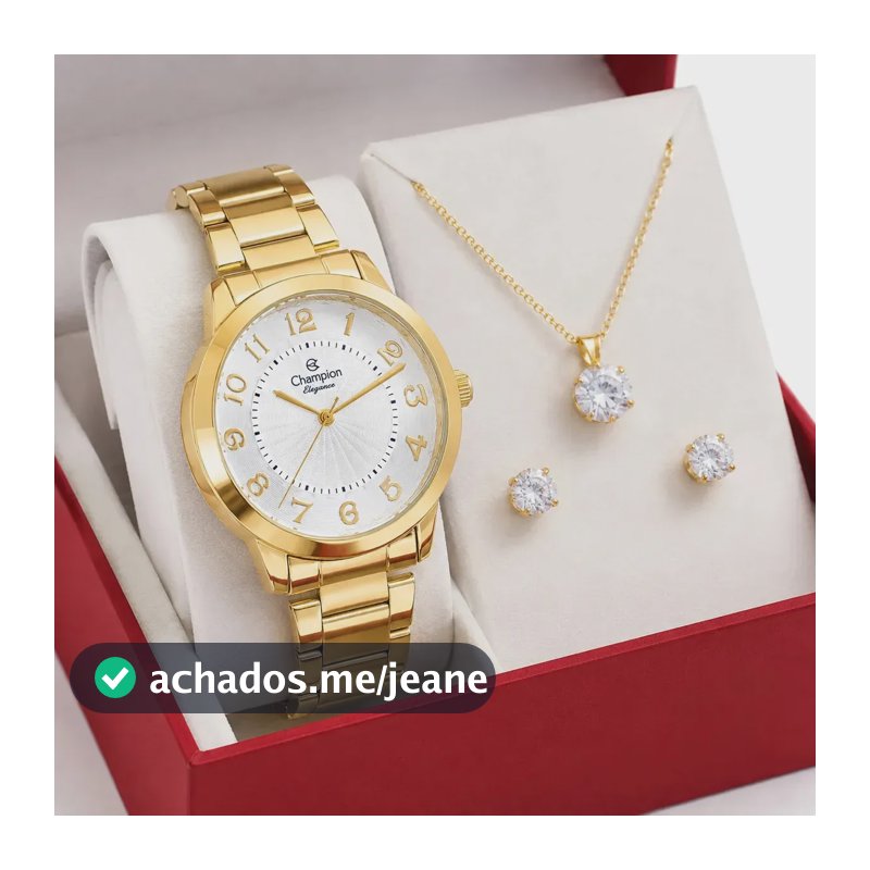 Relógio Champion Feminino Dourado Pulseira em Aço Inoxidável 40 Milímetros com Kit Colar e Brincos Prova D´Agua 50m CN25118W