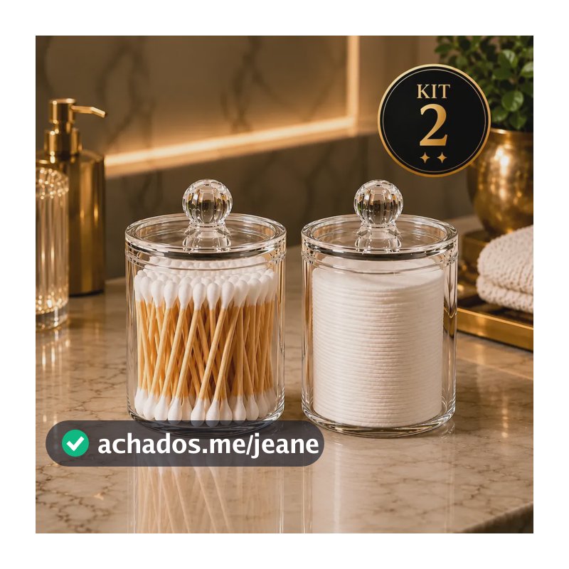 Kit 2 Porta Cotonetes E Algodão Acrílico Compacto Redondo Transparente Redondo