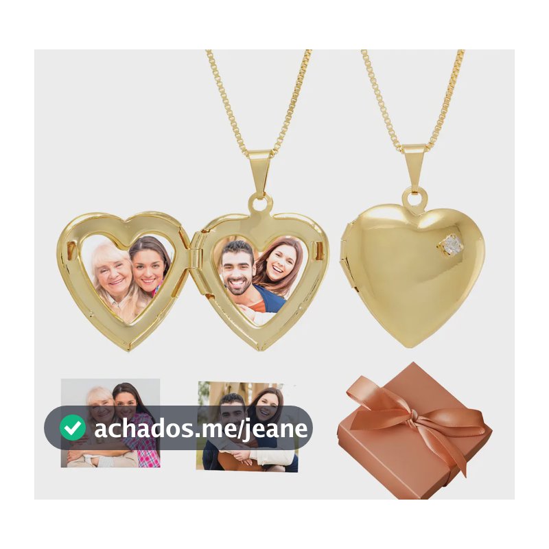 Colar Relicário Flavia Xavier Pingente Coração Banhado Ouro 18K com Fotos