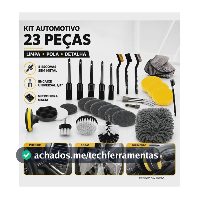 Kit Completo Limpeza E Polimento Automotivo 23 Pecas Escovas Detalhamento Sem Metal Adaptavel Furadeira Luva Lavagem Chenille Microfibra Carros Motos Rodas Pneus Interior Exterior