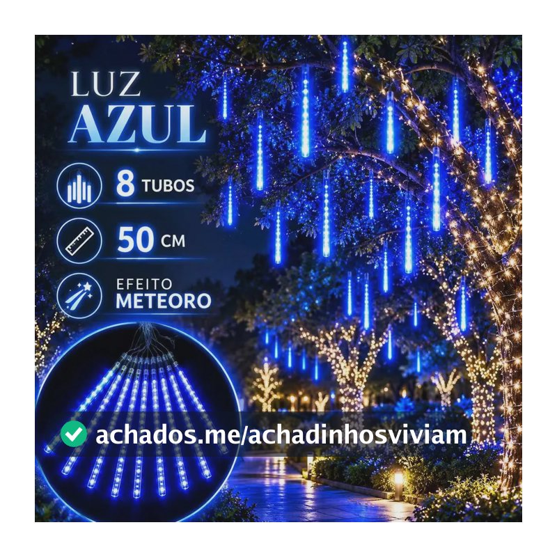 Cascata Bastão LED Snow Fall 8 Tubos 50cm Bivolt Azul Chuva de Meteoro Luz Natalina Decoração Festa Jardim