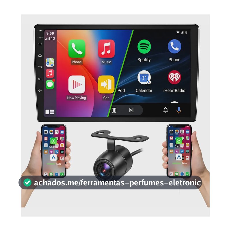 Central Multimídia 9 Pol 1 Din Carplay Android Auto + Câmera Tela Ajustável Câm Ré