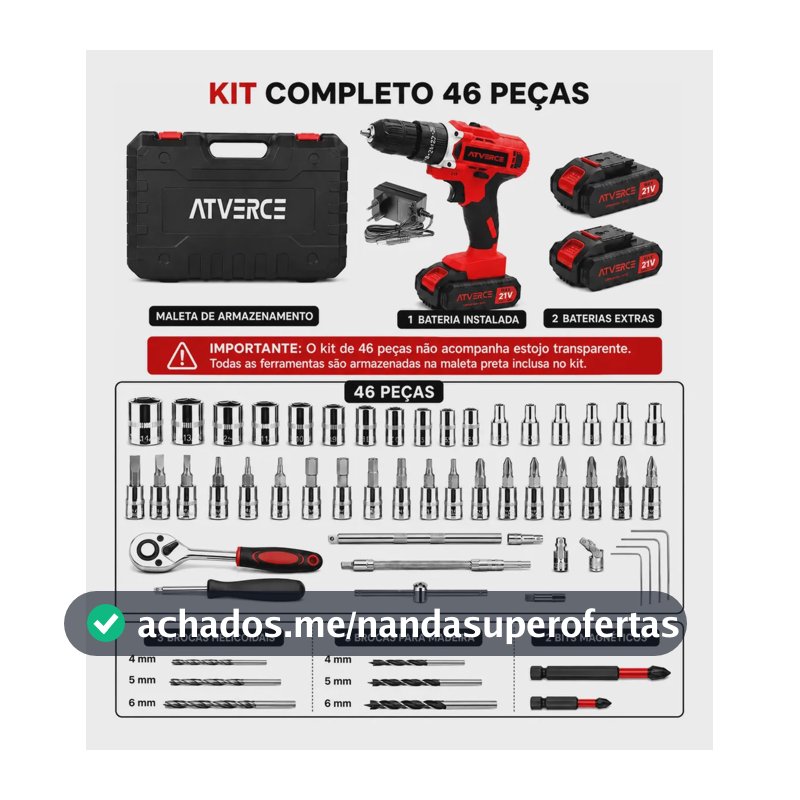 Parafusadeira Furadeira de Impacto Atverce, sem Fio, com 2 Baterias e Kit 46 Peças