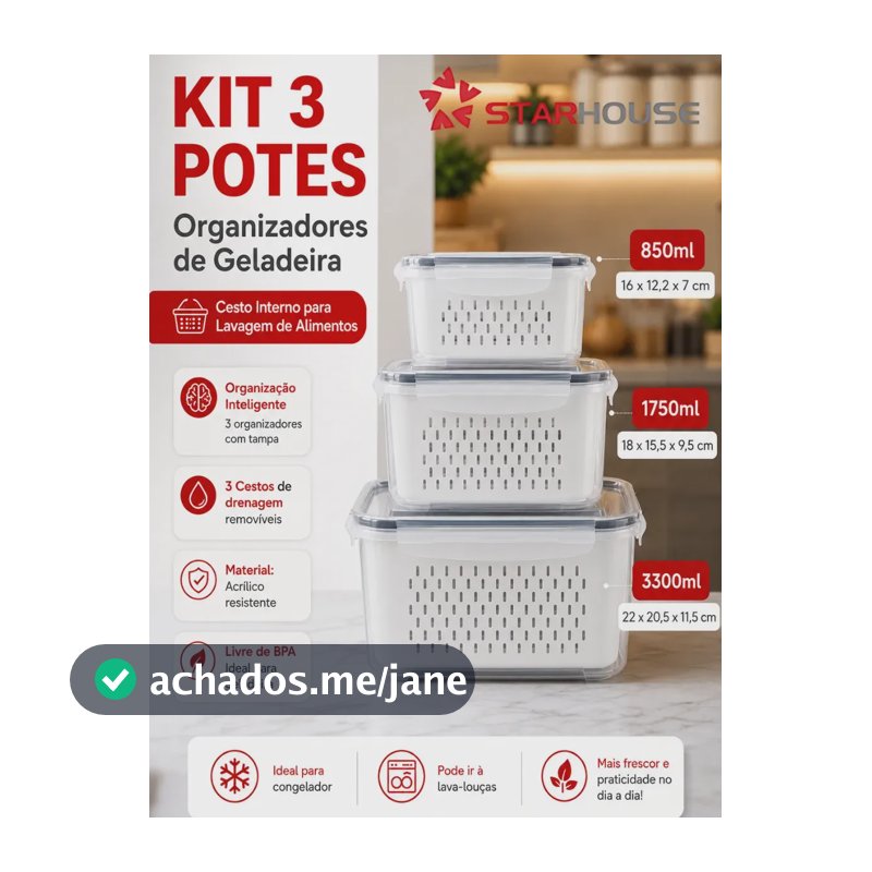 Kit 3 Organizadores Geladeira Alimentos Legumes Verduras Frutas Transparente Com Tampa Trava Hermético Escorredor - Starhouse
