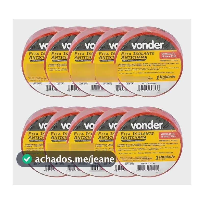 Kit 10 Fitas Isolante Antichama Vonder Vermelha 19mm X 10m Vermelho Lisa