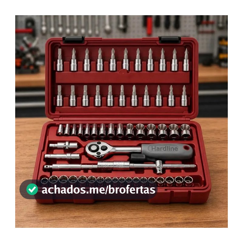 Kit Jogo de Ferramentas 46 Peças Catraca Soquetes Bits Fenda Phillips Allen Extensores com Maleta para Oficina Mecânico Casa Carro Reparos Manutenção Portátil Compacto Hardline