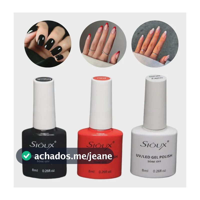 Esmalte Em Gel Kit 3 Cores Led Uv Unhas Manicure Nail Sioux Preto - Vermelho - Branco