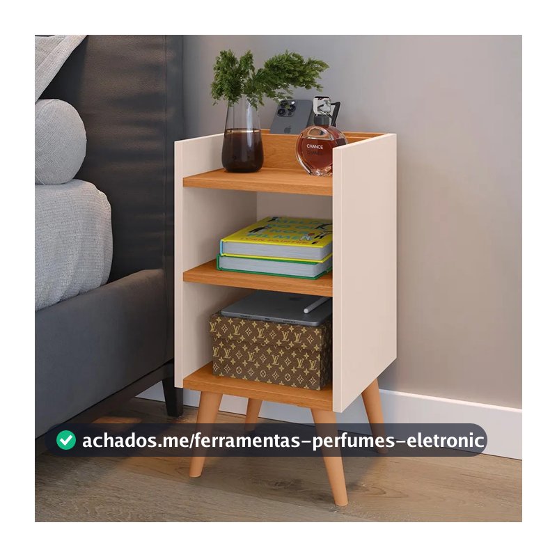 Criado Max Mudo Com Pés Retrô Porta Celular Nichos Compacta Acabamento Brilhante Cor Off White/cinamomo
