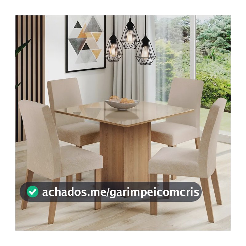 Sala De Jantar Estofada Madesa Evelin Mesa Tampo Vidro Com 4 Cadeiras Cor Rustic/Crema/Imperial MDJA0401037GSIM