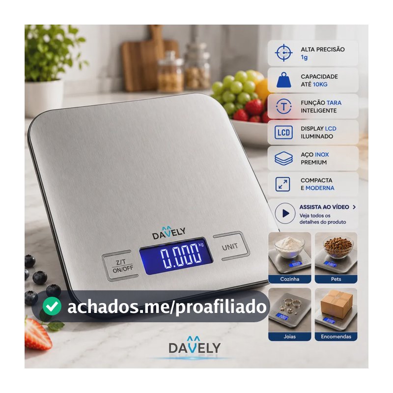 Balança Digital Cozinha 10kg Touch Alta Precisão Portátil Balança de Cozinha Profissional Para Pesar Alimentos Confeitaria Dieta Fitness Nutricional Eletrônica Display LCD Aço Inox Função Tara Davely