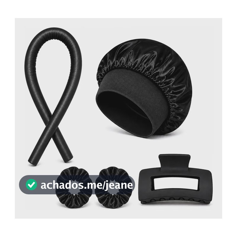 Kit Modelador De Cachos Sem Calor Com Touca E Xuxinhas Cetim Preto